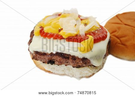 Juicy Cheese Burger With Onion, Mustard, And Catsup