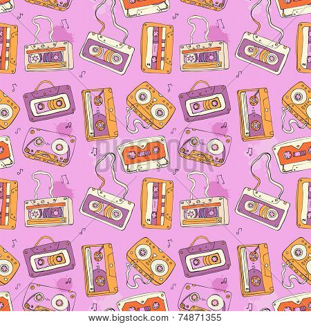 Audio cassette. Seamless pattern.