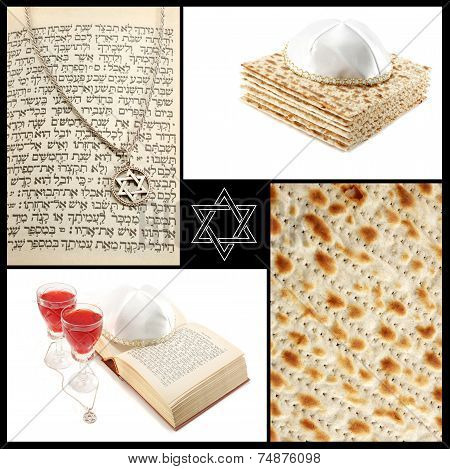 Collage Of Jewish Religious Holiday Attributes - Torah,magen David,ritual Red Wine And Maza