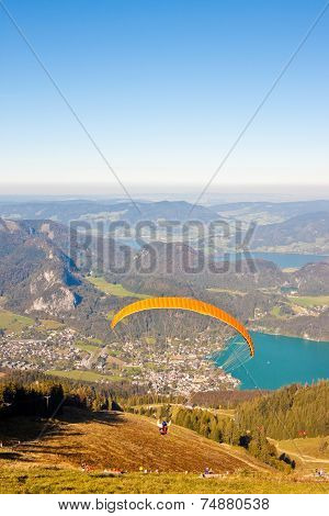 Paragliding Over Mountains And Lake