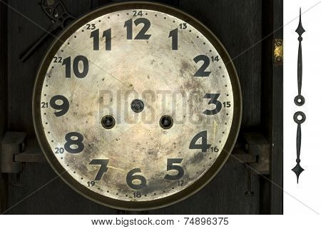 very old wooden clock on white background, laws any hour, path