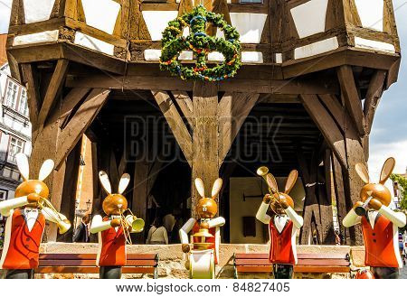 Easter bunnies in front of the town hall in Michelstadt, Odenwald, Germany