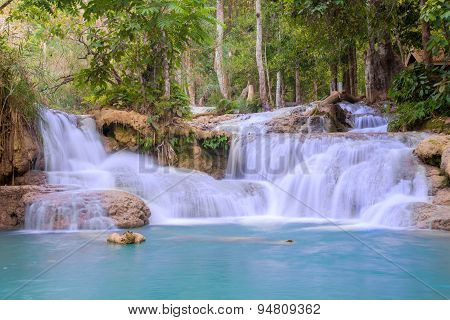 Waterfall In Rain Forest (tat Kuang Si Waterfalls At Luang Prabang, Laos.)