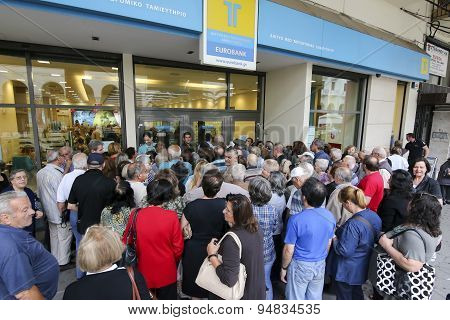 Pensioners Queue Outside A National Bank Branch As Banks Only Opened For The Retired To Allow Them T