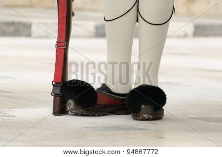 Bottom part (rustic shoe) of an Evzone in Sintagma Athens Greece.