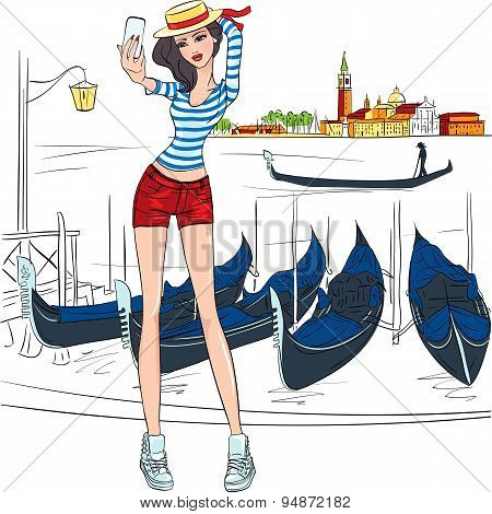 Vector lovely fashion girl  makes selfie in Venice
