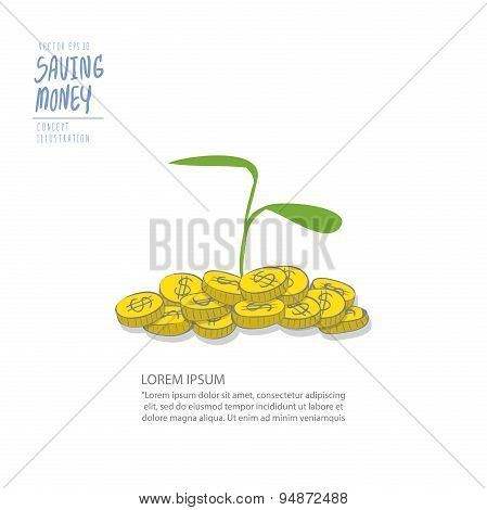 Young Plant On A Pile Of Coins. Drawing Paint Flat Vector.