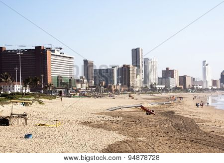 Addington Beach Against City Skyline In Durban, South Africa