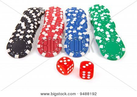 Colorful Poker Casino Chips And Red Dices