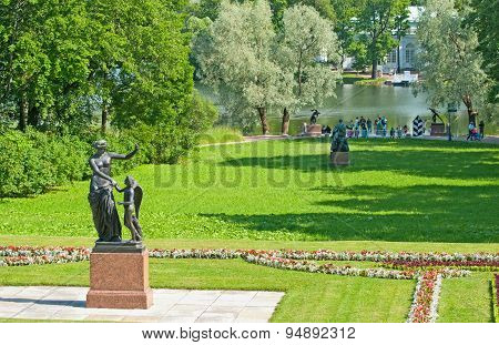 Tsarskoye Selo (Pushkin). Saint-Petersburg, Russia. The sculpture in the Catherine Park and the Grea