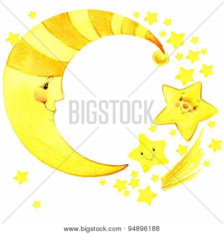 cartoon moon and stars Watercolor illustration