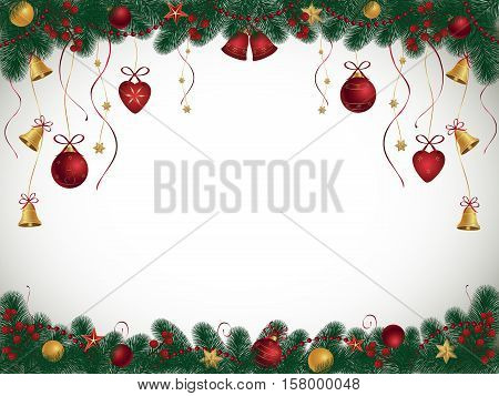 Christmas background with fir branches bells balls ribbons and Christmas decorations