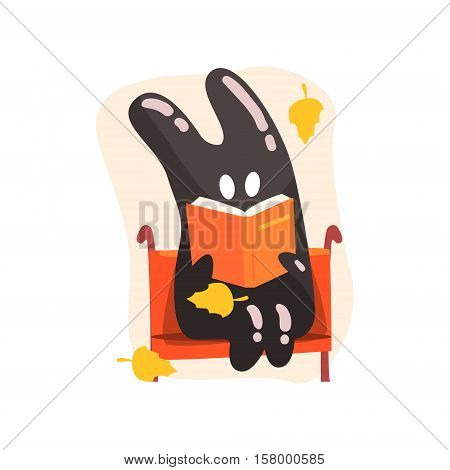 Black Tar Jelly Rabbit Shape Monster Reading A Book On The Bench Under Falling Yellow Leaves Outdoors In Autumn Season. Part Of Autumn Fantastic Animal Creatures Set Of Funny Cartoon Vector Illustrations