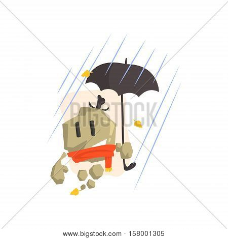 Rock Golem Asteroid Monster In Scarf And Top Hat Under Falling Yellow Leaves And Heavy Rain Outdoors In Autumn Season. Part Of Autumn Fantastic Animal Creatures Set Of Funny Cartoon Vector Illustrations