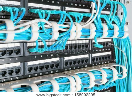 Server rack with blue internet patch cord cables connected to patch panel in server room