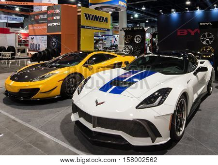 LAS VEGAS NV/USA - OCTOBER 31 2016: Two customized Chevrolet Corvette cars at the Specialty Equipment Market Association (SEMA) 50th Anniversary auto trade show. Booth: BYW
