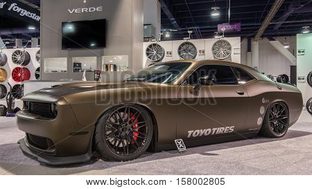LAS VEGAS NV/USA - NOVEMBER 1 2016: Customized Dodge Challenger car at the Specialty Equipment Market Association (SEMA) 50th Anniversary auto trade show. Booth: Verde Custom Wheels