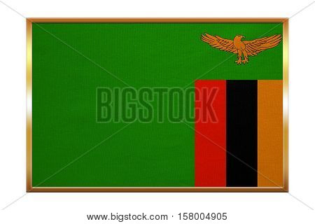 Zambian national official flag. African patriotic symbol banner element background. Correct colors. Flag of Zambia golden frame fabric texture illustration. Accurate size color