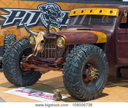 LAS VEGAS NV/USA - NOVEMBER 2 2016: Western theme 1948 Willys pickup truck at the Specialty Equipment Market Association (SEMA) 50th Anniversary auto trade show. Name: Hauk .45 Builder: Hauk Designs Booth: Pitbull Tires