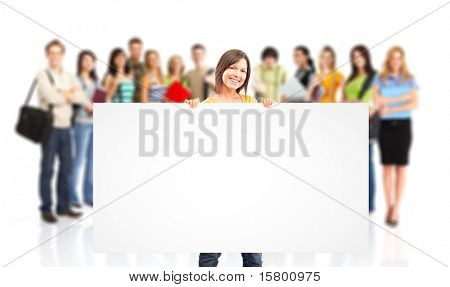 Large group of smiling  students. Isolated over white background