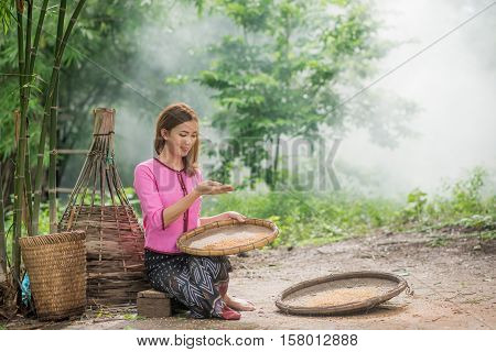 Beautiful Thai Asian Women Winnow Rice Separate Between Rice And Rice Chaff Identity . In Traditiona