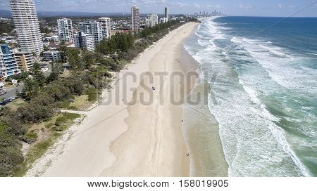 Aerial view looking north up Burleigh beach at sunrise. Gold Coast, Australia