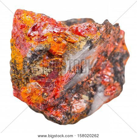 macro shooting of specimen of natural mineral - crystals of red Realgar isolated on white background