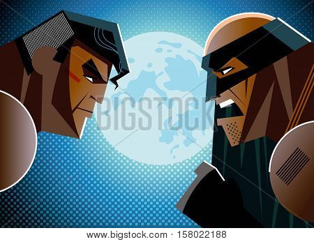 Good versus evil. Superhero. Moon sky. Vector illustration