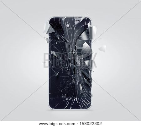 Broken mobile phone screen, scattered shards. Smartphone display crashed and scratched. Device destroy problem. Smash gadget, repair.