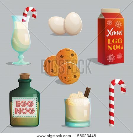 Traditional Catholic Christmas treats, egg nog bottles and glasses with cream, cinnamon, festive candy cane, chocolate chip cookies.