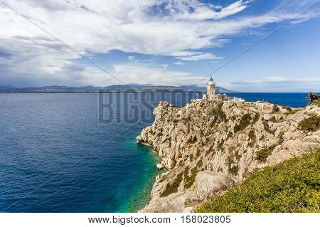 distant view on lighthouse in Melagavi near Loutraki, Loutraki