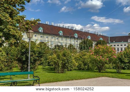 View from Volksgarten (People's Garden) to Hofburg Palace in Vienna Austria. View