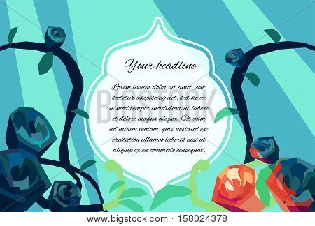 Invitation or postcard drawing with roses, vines and sun beams. Banner illustration. Stock vector.