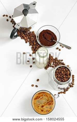 Coffee Beans And Ground, Milk In A Bottle, Moka Pot