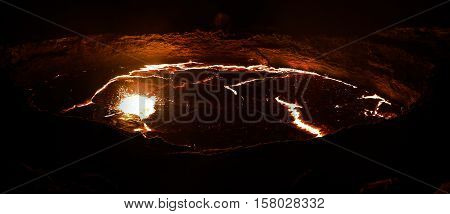 Panorama of Erta Ale volcano crater melting lava Danakil depression Ethiopia