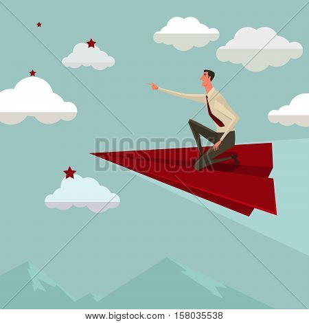Businessman flying on a red paper airplane betake leadership. Business growth and start up concept. Vector illustration.
