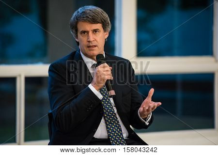 Olivos, Argentina - May 6, 2016: Minister of the Economy Alfonso Prat-Gay during a press conference for the foreign press at the presidential residence in Olivos, Buenos Aires on May 6, 2016.