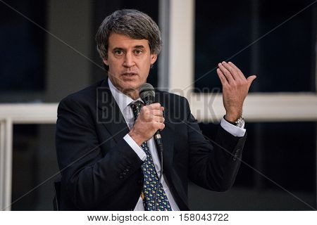 Olivos, Argentina - May 6, 2016: Minister of the Economy Alfonso Prat-Gay during a press conference for the foreign press at the presidential residence in Olivos, Buenos Aires on May 6, 2016.