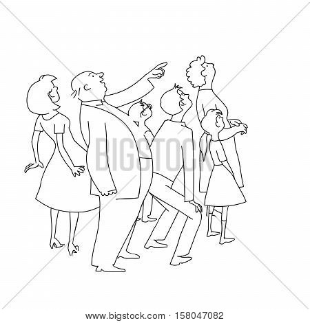 The crowd of onlookers watching. The audience can see something. Black and white drawing