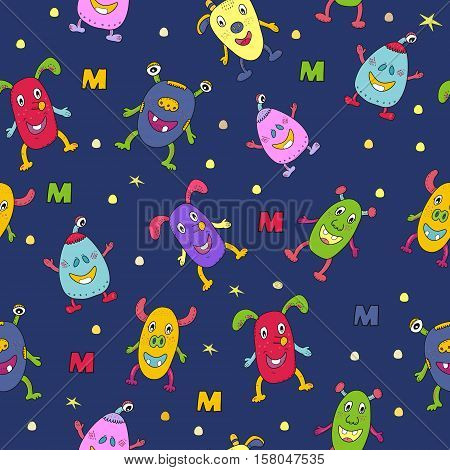 Cute hand drawn monsters cartoon style. vector pattern.