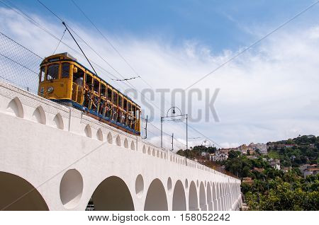 Iconic Tram of Santa Teresa is Crossing the Arch of Lapa in Rio de Janeiro, Brazil