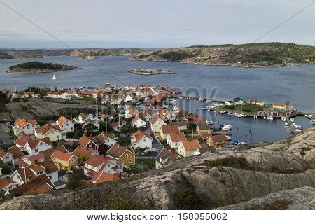 Fjallbacka, Sweden - September 16, 2016: View over the village Fjallbacka, Bohuslan, Sweden seen from the kungsklyftan  