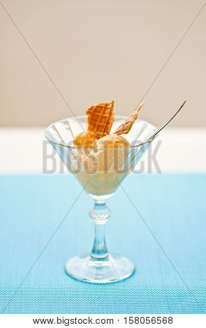 Fruity ice cream dessert served in a glass goblet