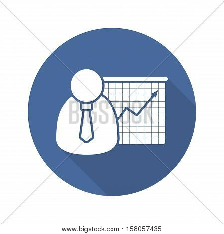 Business presentation with graph flat design long shadow icon. Office worker with growth chart. Vector silhouette symbol