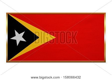 East Timorese national official flag. Patriotic symbol banner element background. Correct colors. Flag of East Timor golden frame fabric texture illustration. Accurate size colors