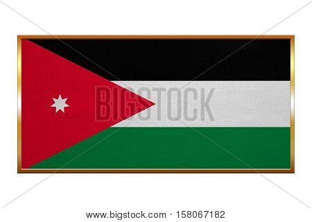 Jordan national official flag. Patriotic symbol banner element background. Correct colors. Flag of Jordan golden frame fabric texture illustration. Accurate size colors