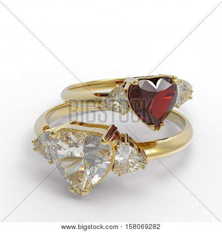 Wedding rings with diamond heart . 3d digitally rendered illustration