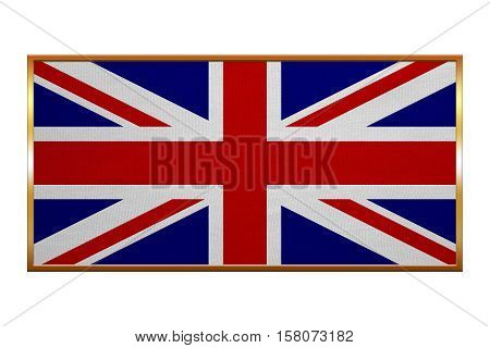 British national official flag. Patriotic UK symbol. Union Jack. Great Britain banner element background. Flag of the United Kingdom golden frame fabric texture illustration. Accurate size color
