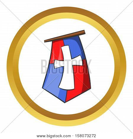 Red and blue medieval banner flag with cross vector icon in golden circle, cartoon style isolated on white background