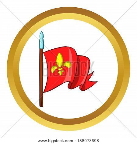 Medieval red knight flag with gold lily vector icon in golden circle, cartoon style isolated on white background